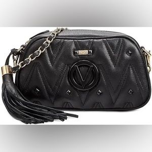 VALENTINO by Mario Valentino Black Diamond Leather Shoulder Bag with Gold Chain